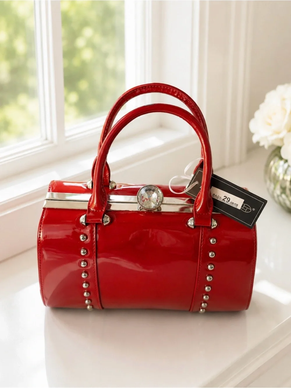 Glossy Red Patent Satchel Handbag with Crystal Clasp & Crossbody Strap
